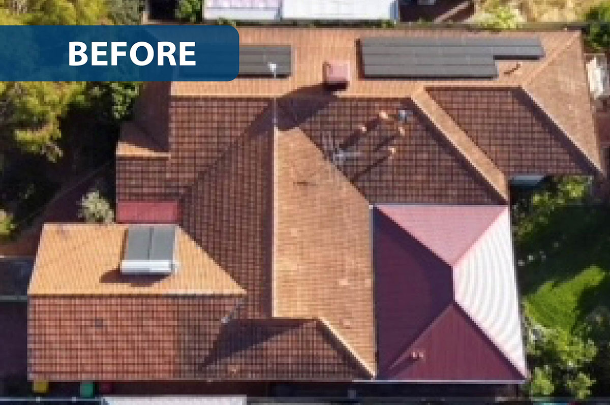 Aerial shot of a roof in Perth before being restored